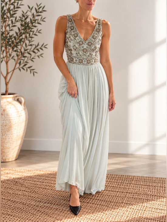 BHLDN Dresses & Skirts - BHLDN by Anthropologie Pale Bluish Gray Beaded V-Neck Pleated Maxi Dress Size 4